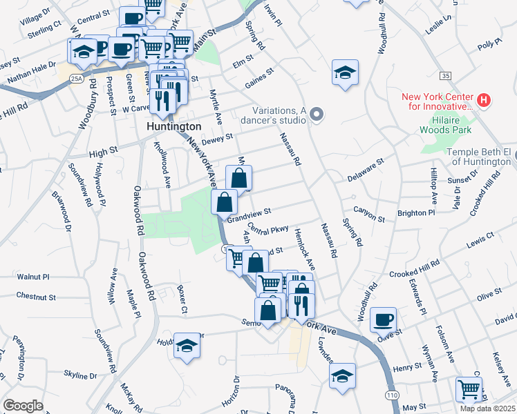 map of restaurants, bars, coffee shops, grocery stores, and more near 45 Grandview Street in Huntington