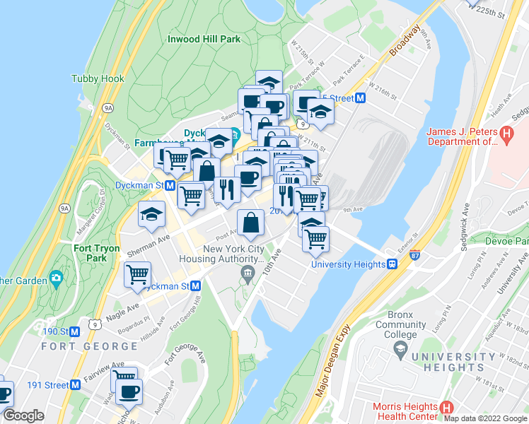 map of restaurants, bars, coffee shops, grocery stores, and more near 575 West 204th Street in New York