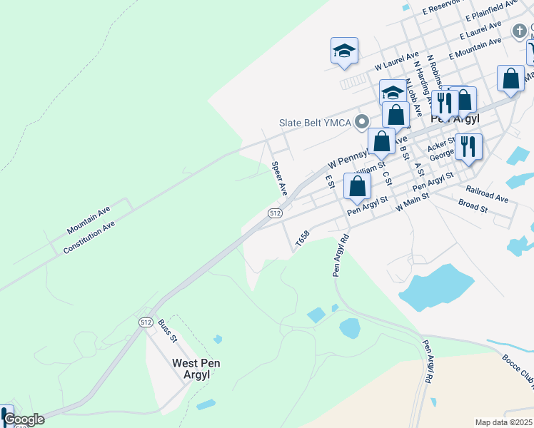 map of restaurants, bars, coffee shops, grocery stores, and more near 837 West Pennsylvania Avenue in Pen Argyl