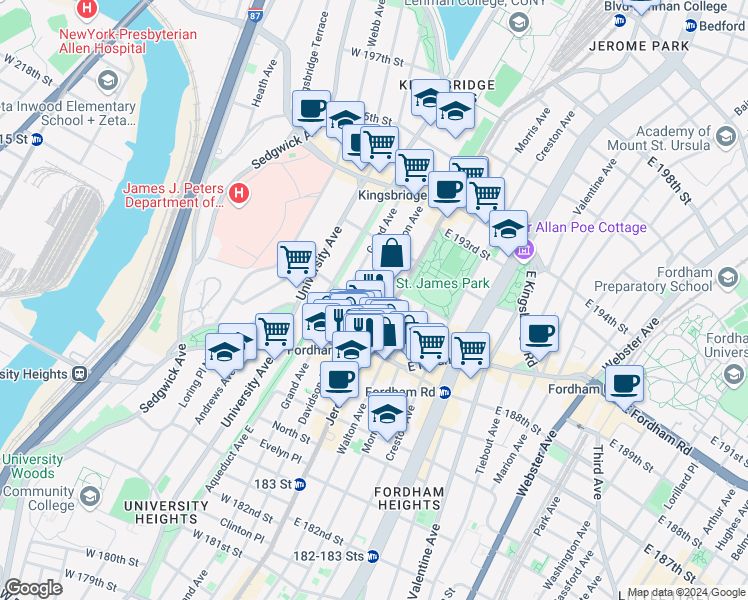 map of restaurants, bars, coffee shops, grocery stores, and more near in The Bronx