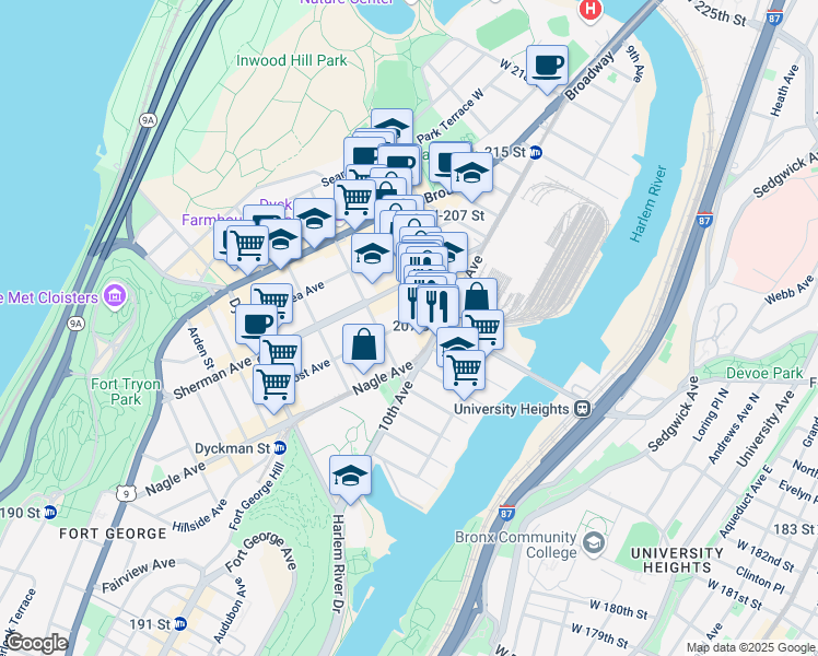 map of restaurants, bars, coffee shops, grocery stores, and more near 119 Post Avenue in New York