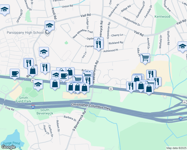 map of restaurants, bars, coffee shops, grocery stores, and more near 46 North Beverwyck Road in Parsippany-Troy Hills