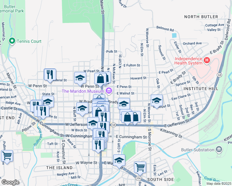 map of restaurants, bars, coffee shops, grocery stores, and more near 206 East Walnut Street in Butler