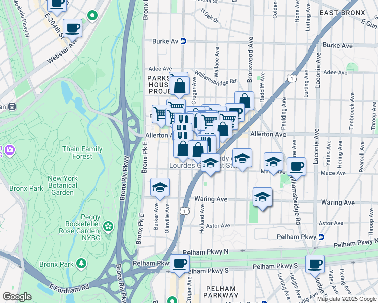 map of restaurants, bars, coffee shops, grocery stores, and more near 2544 Cruger Avenue in Bronx