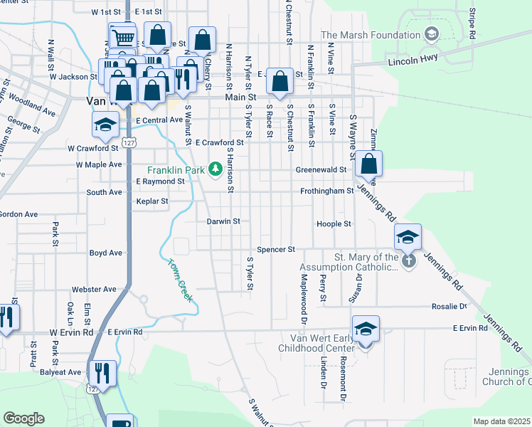 map of restaurants, bars, coffee shops, grocery stores, and more near 527 South Race Street in Van Wert