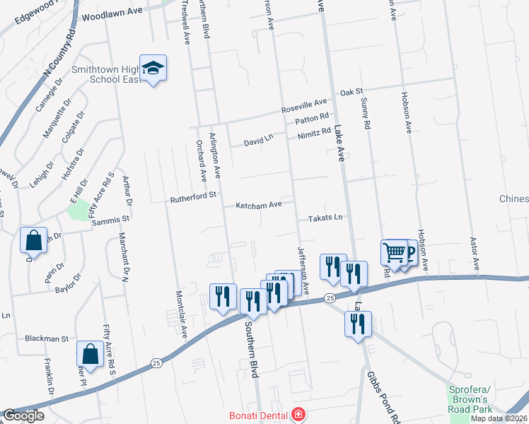 map of restaurants, bars, coffee shops, grocery stores, and more near 5 Ketcham Avenue in Saint James