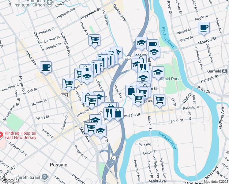 map of restaurants, bars, coffee shops, grocery stores, and more near 68 Jefferson Street in Passaic