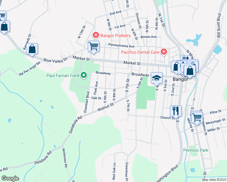 map of restaurants, bars, coffee shops, grocery stores, and more near 210 South 8th Street in Bangor