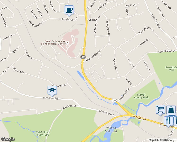 map of restaurants, bars, coffee shops, grocery stores, and more near 24 Stone Gate Court in Smithtown