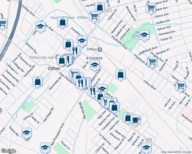 map of restaurants, bars, coffee shops, grocery stores, and more near 71 Mount Prospect Avenue in Clifton