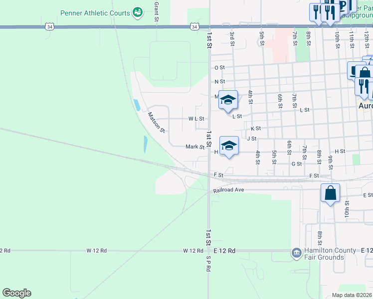 map of restaurants, bars, coffee shops, grocery stores, and more near 120 Mark Street in Aurora