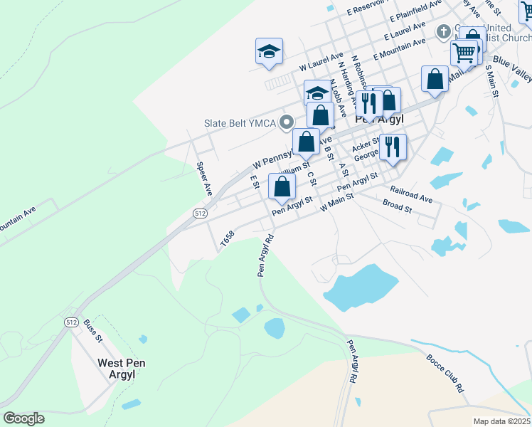 map of restaurants, bars, coffee shops, grocery stores, and more near 701 Pen Argyl Street in Pen Argyl