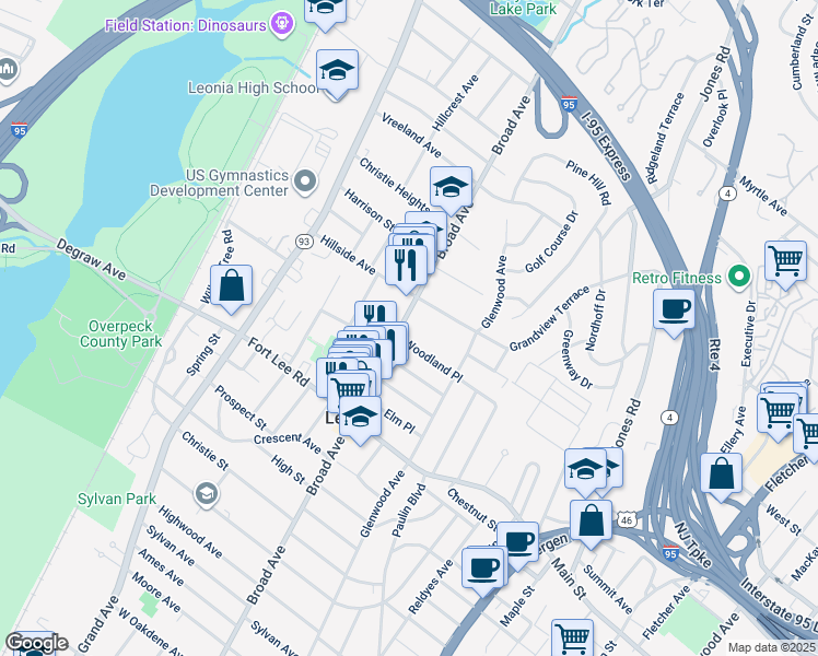 map of restaurants, bars, coffee shops, grocery stores, and more near 407 Broad Avenue in Leonia