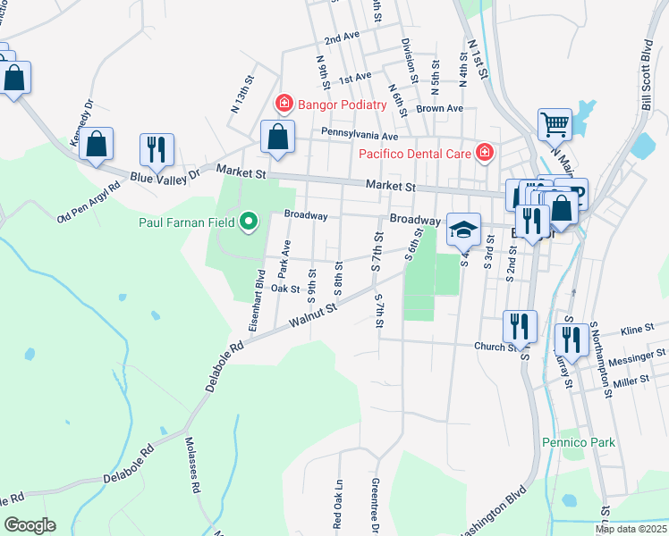 map of restaurants, bars, coffee shops, grocery stores, and more near 210 South 8th Street in Bangor