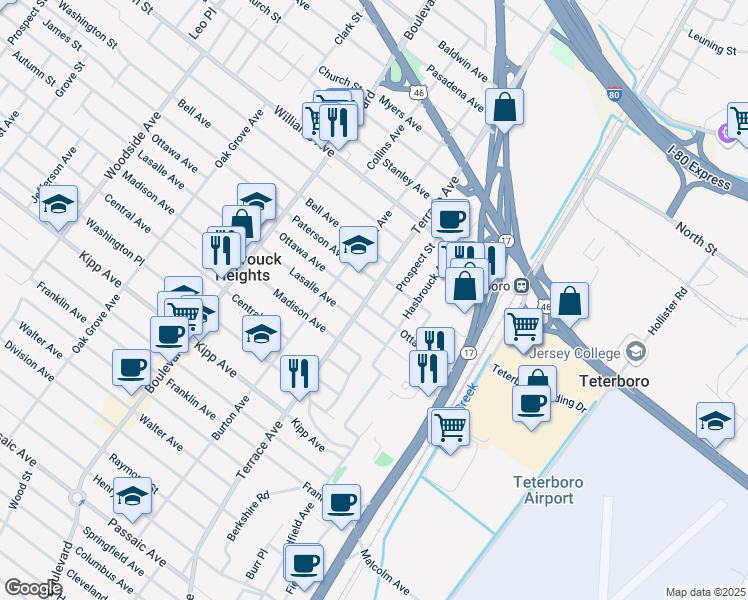 map of restaurants, bars, coffee shops, grocery stores, and more near 115 Prospect Street in Hasbrouck Heights
