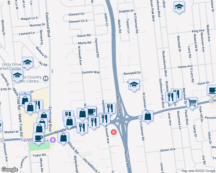 map of restaurants, bars, coffee shops, grocery stores, and more near 3 Oldstone Court in Centereach