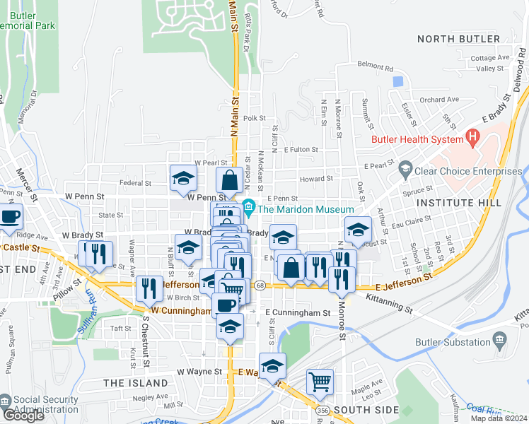 map of restaurants, bars, coffee shops, grocery stores, and more near 335 North Mc Kean Street in Butler