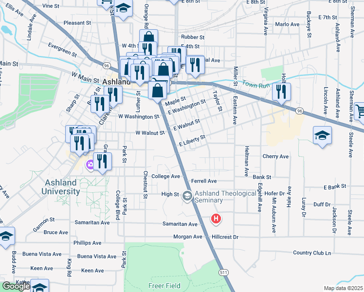 map of restaurants, bars, coffee shops, grocery stores, and more near 15 East Liberty Street in Ashland