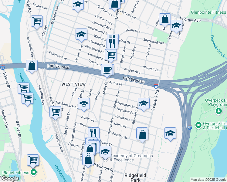 map of restaurants, bars, coffee shops, grocery stores, and more near 31 Edwin Street in Ridgefield Park