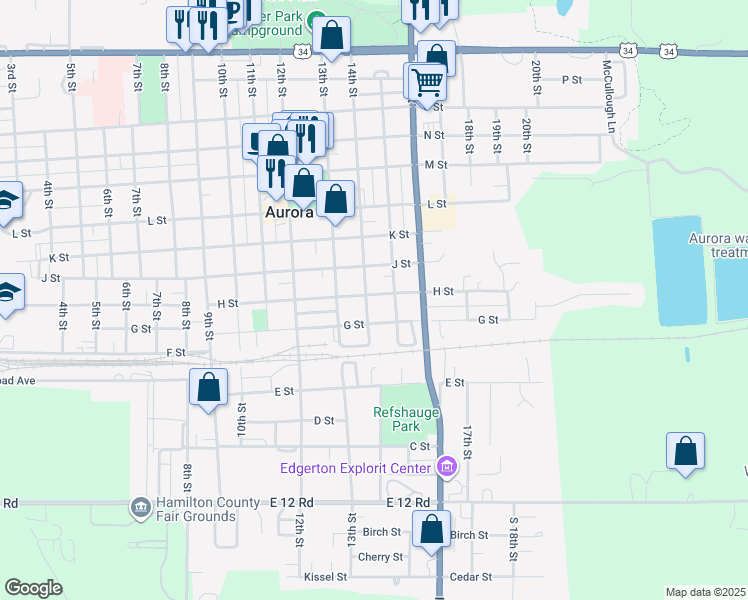 map of restaurants, bars, coffee shops, grocery stores, and more near 1404 H Street in Aurora