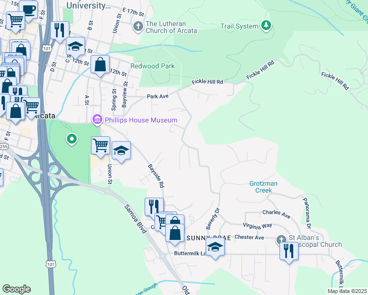 map of restaurants, bars, coffee shops, grocery stores, and more near 703 Patrick Court in Arcata