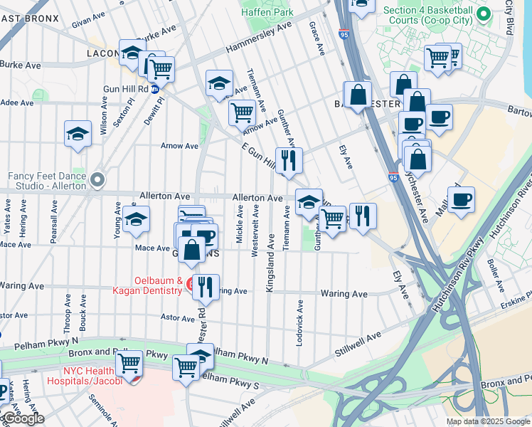 map of restaurants, bars, coffee shops, grocery stores, and more near 2567 Kingsland Avenue in Bronx