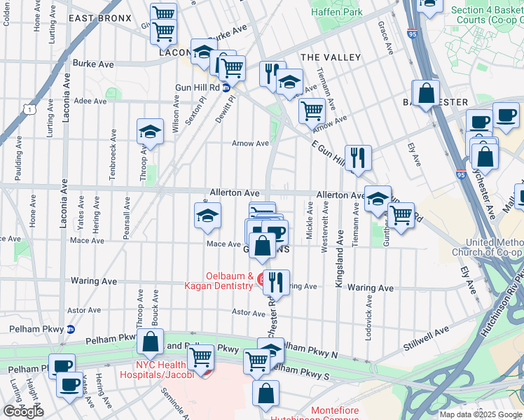 map of restaurants, bars, coffee shops, grocery stores, and more near 2561 Eastchester Road in The Bronx