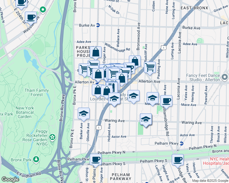 map of restaurants, bars, coffee shops, grocery stores, and more near 2513 Wallace Avenue in Bronx