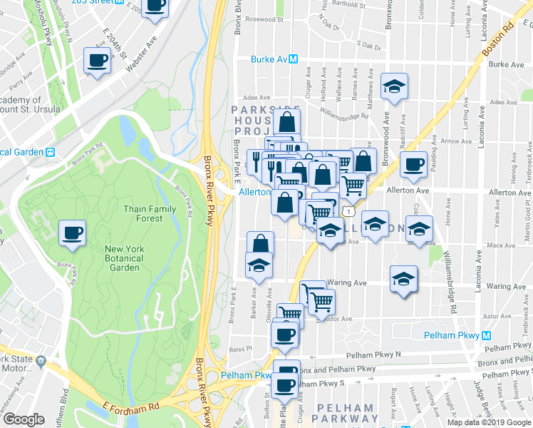 map of restaurants, bars, coffee shops, grocery stores, and more near 2540 Barker Avenue in Bronx