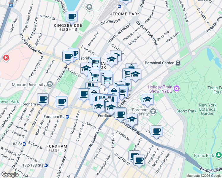 map of restaurants, bars, coffee shops, grocery stores, and more near 2652 Bainbridge Avenue in Bronx