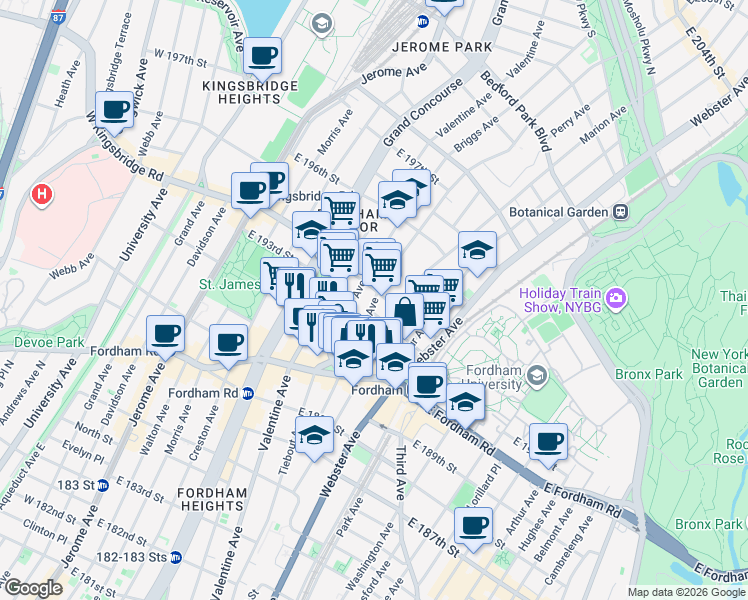 map of restaurants, bars, coffee shops, grocery stores, and more near in The Bronx