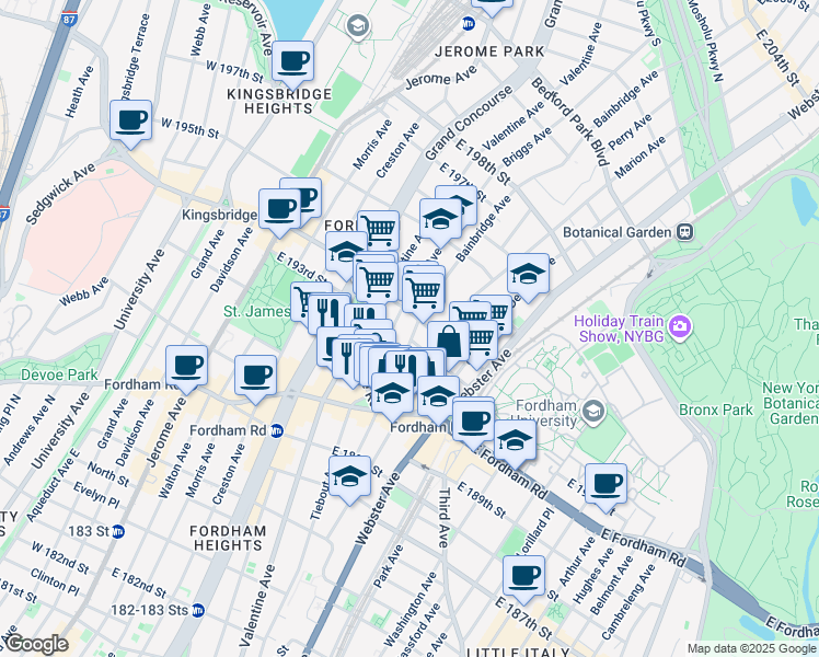 map of restaurants, bars, coffee shops, grocery stores, and more near in The Bronx