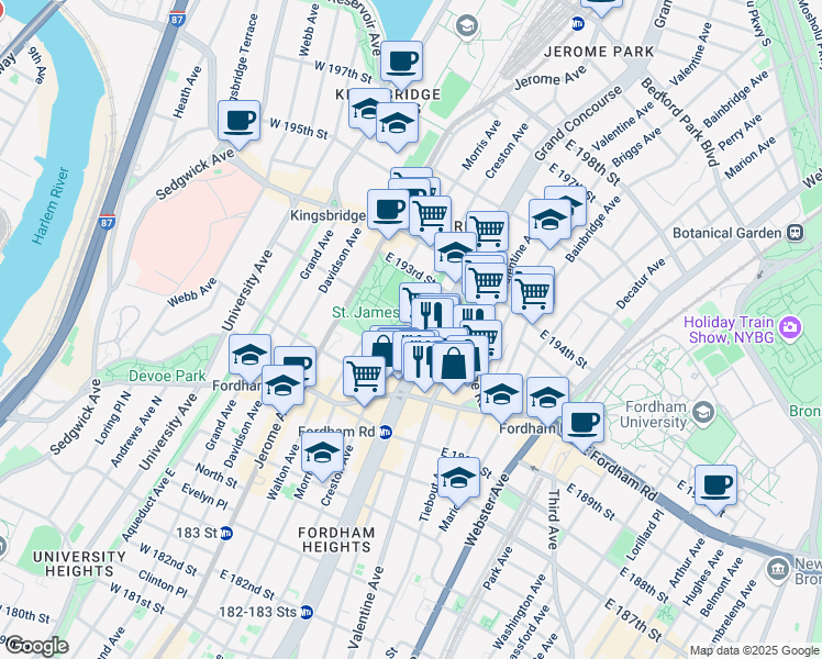 map of restaurants, bars, coffee shops, grocery stores, and more near 2585 Grand Concourse in Bronx