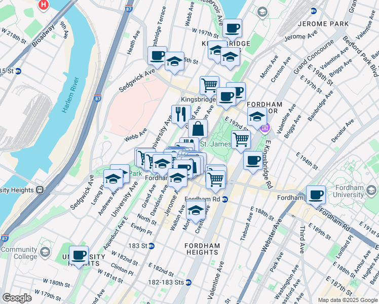 map of restaurants, bars, coffee shops, grocery stores, and more near in The Bronx
