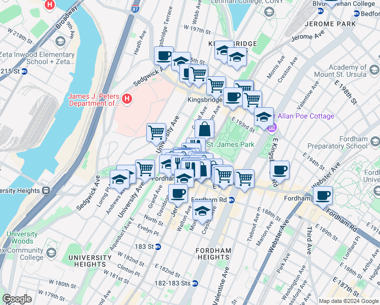 map of restaurants, bars, coffee shops, grocery stores, and more near in The Bronx