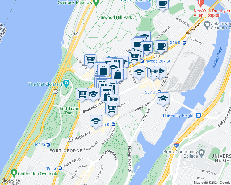 map of restaurants, bars, coffee shops, grocery stores, and more near 128 Sherman Avenue in New York