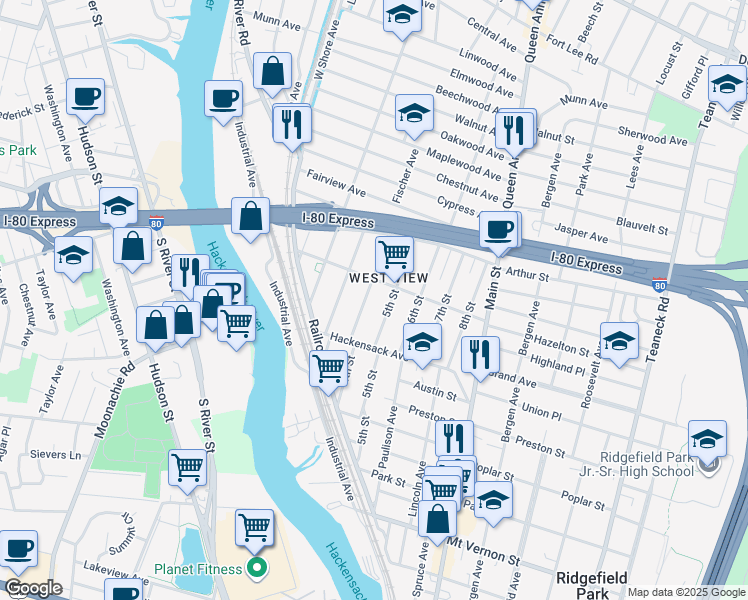 map of restaurants, bars, coffee shops, grocery stores, and more near 246 5th Street in Ridgefield Park