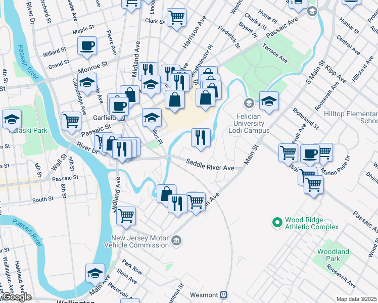 map of restaurants, bars, coffee shops, grocery stores, and more near 14 Garfield Place in Garfield