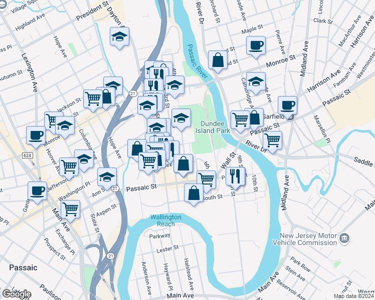 map of restaurants, bars, coffee shops, grocery stores, and more near 87 4th Street in Passaic
