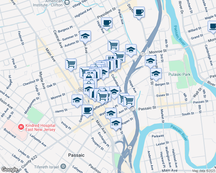 map of restaurants, bars, coffee shops, grocery stores, and more near 21 Rosz Place in Passaic