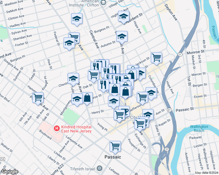 map of restaurants, bars, coffee shops, grocery stores, and more near 791 Main Avenue in Passaic