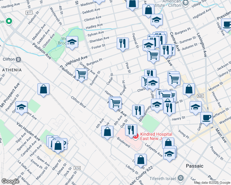 map of restaurants, bars, coffee shops, grocery stores, and more near 116 Hammond Avenue in Passaic