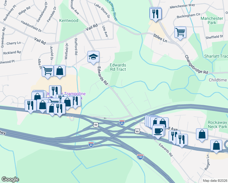 map of restaurants, bars, coffee shops, grocery stores, and more near 256 Edwards Road in Parsippany-Troy Hills