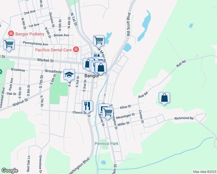 map of restaurants, bars, coffee shops, grocery stores, and more near 207 South Main Street in Bangor