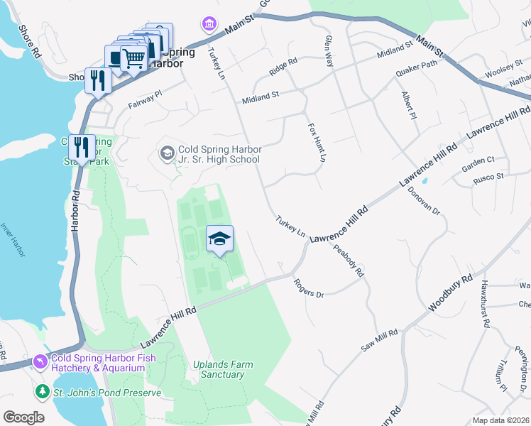 map of restaurants, bars, coffee shops, grocery stores, and more near 140 Turkey Lane in Cold Spring Harbor