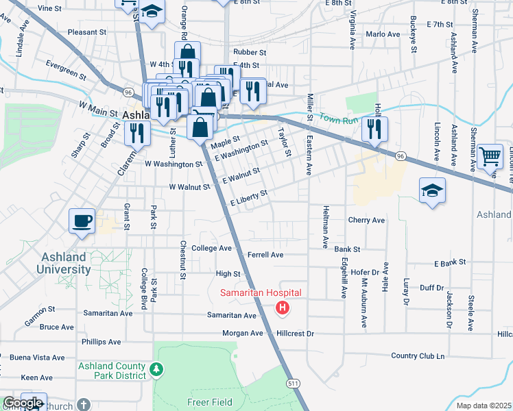 map of restaurants, bars, coffee shops, grocery stores, and more near 128 Diamond Street in Ashland