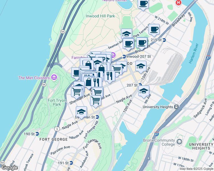map of restaurants, bars, coffee shops, grocery stores, and more near Sherman Ave & Academy St in New York