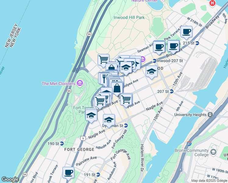 map of restaurants, bars, coffee shops, grocery stores, and more near 95 Thayer Street in New York