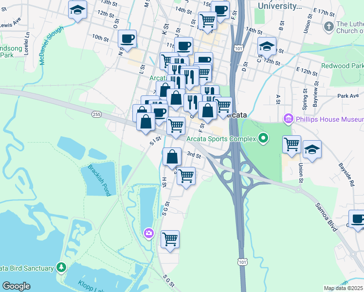 map of restaurants, bars, coffee shops, grocery stores, and more near 343 South G Street in Arcata