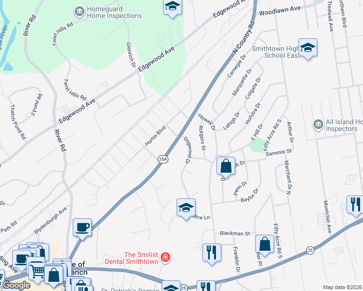 map of restaurants, bars, coffee shops, grocery stores, and more near 268 North Country Road in Smithtown